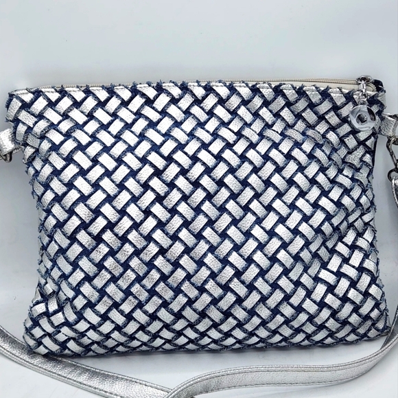 Denim Crystal Rhinestone Crossbody Bag With Metallic Weaving On Back - Picture 4 of 16